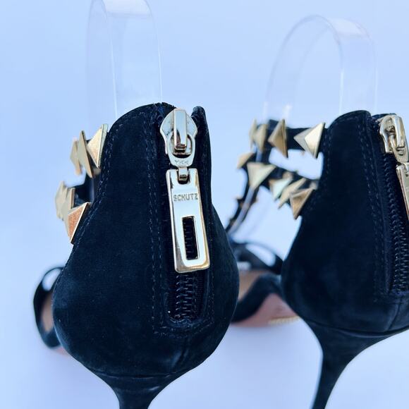 Schutz Black Suede Studded Heels Gold Ankle Strap Pointed Stiletto Pumps 8 39 - Picture 7 of 11